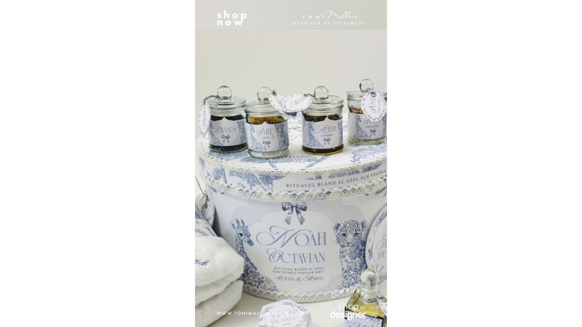 Set prima băiță Safari Blue personalizat băiat ritual după botez cu nașii 12